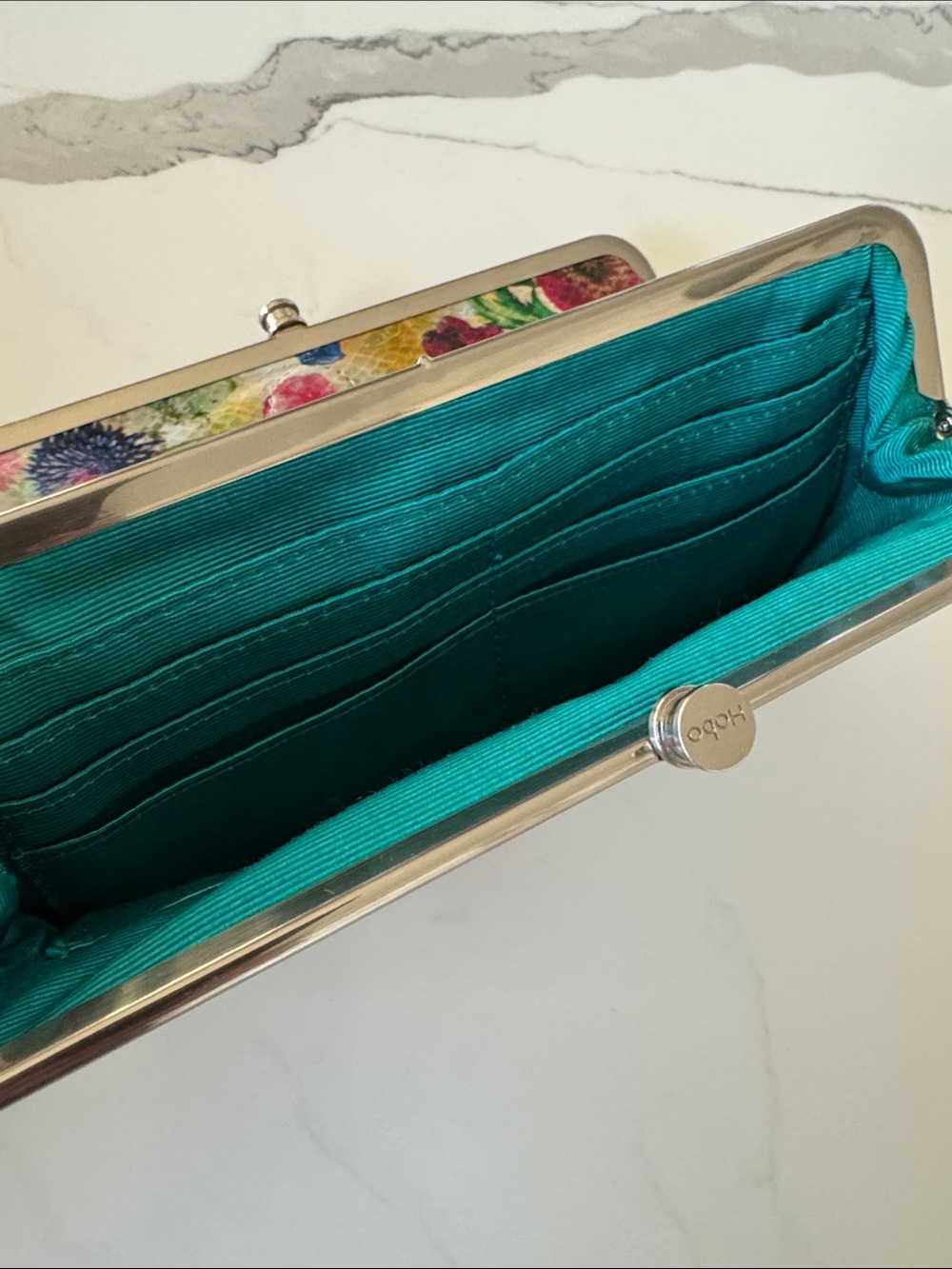 Hobo double sided folding Leather wallet Spring Floral Teal lining organization - Picture 9 of 16